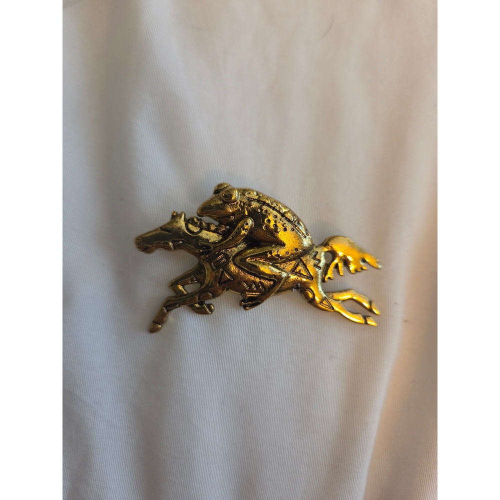 Vintage Gold Tone Frog Riding Horse Brooch Whimsical Animal Pin Accessory